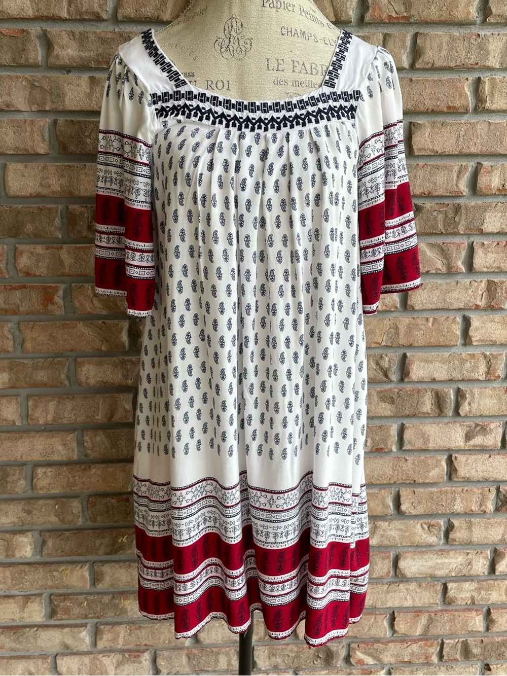 Umgee White, Navy & Red Boho Style Mini Dress.